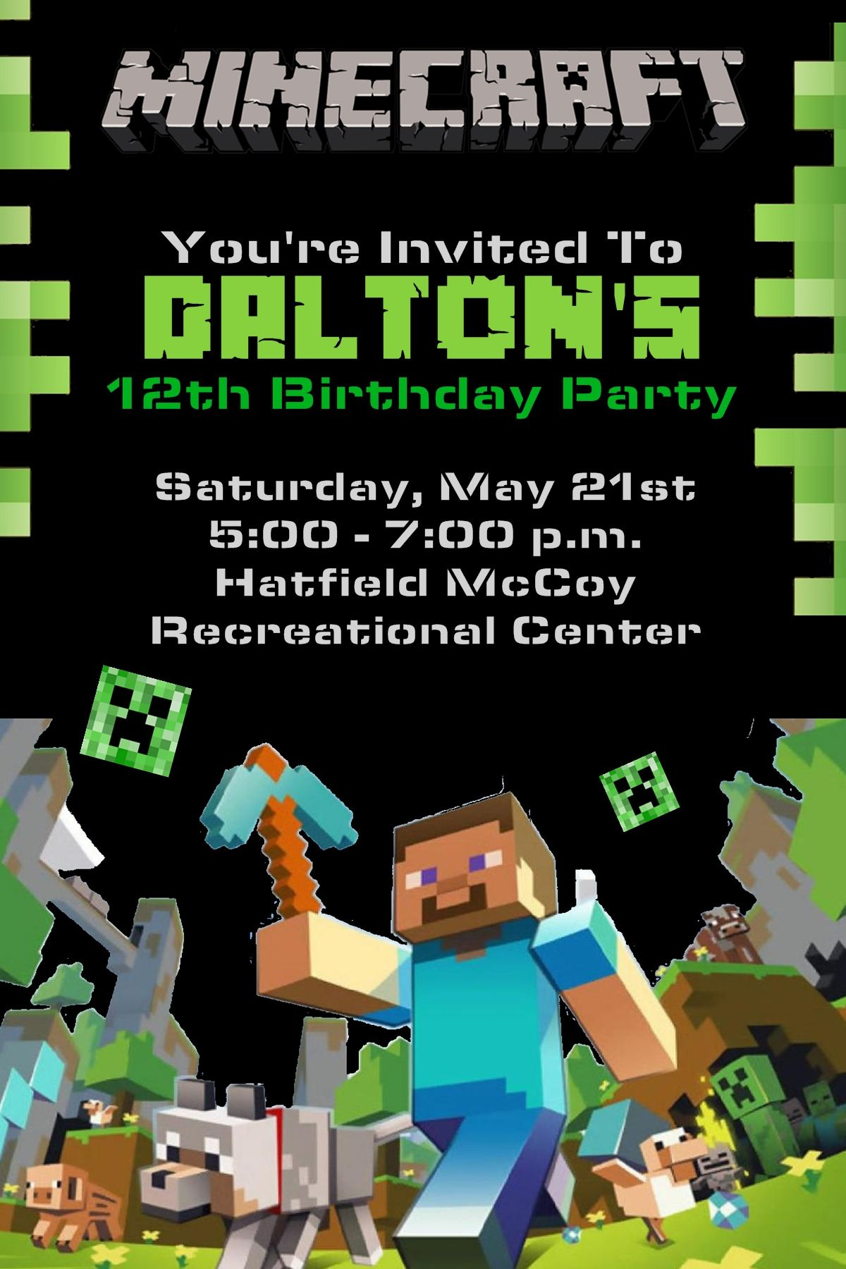 4x6 Minecraft Birthday Invitation Contact Me Via Email At Aswiney01 