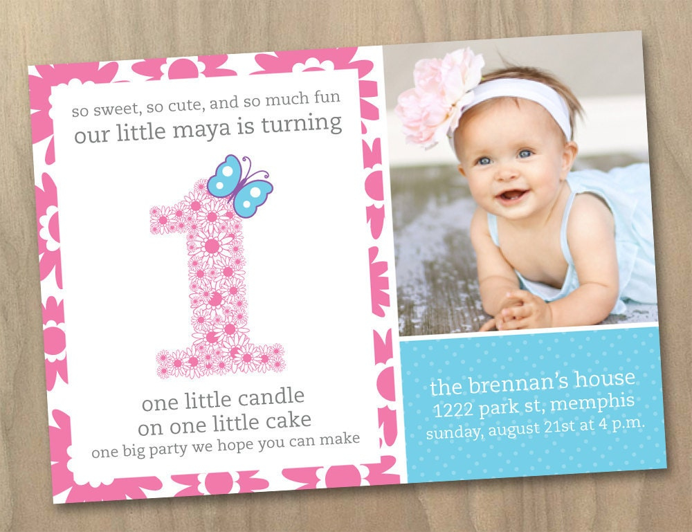 Baby Girl First 1st Birthday Photo Invitation Flowers And