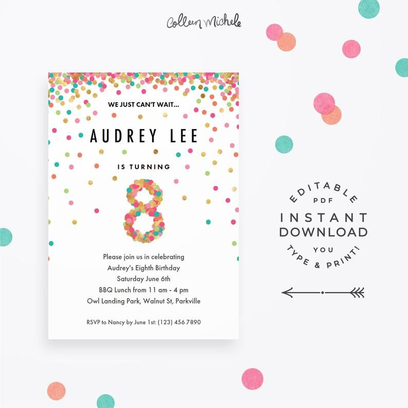 Girl 8th Birthday Invitation Instant Download Printable PDF Etsy In 