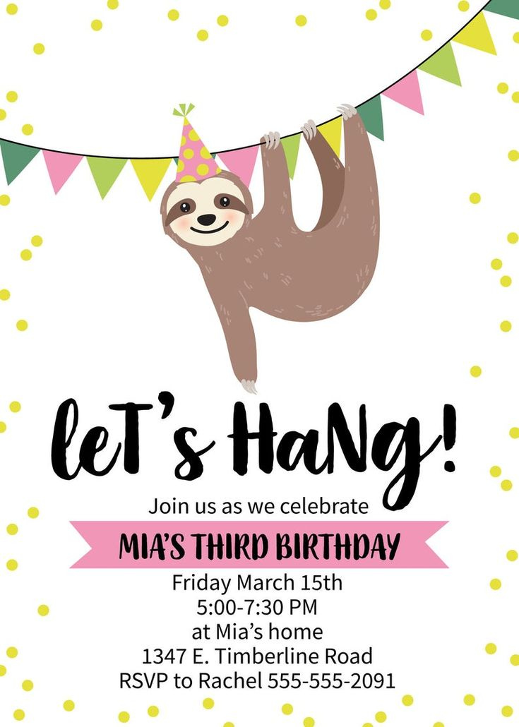 PRINTABLE 5x7 Custom Let s Hang Sloth Birthday Party Invitation For 