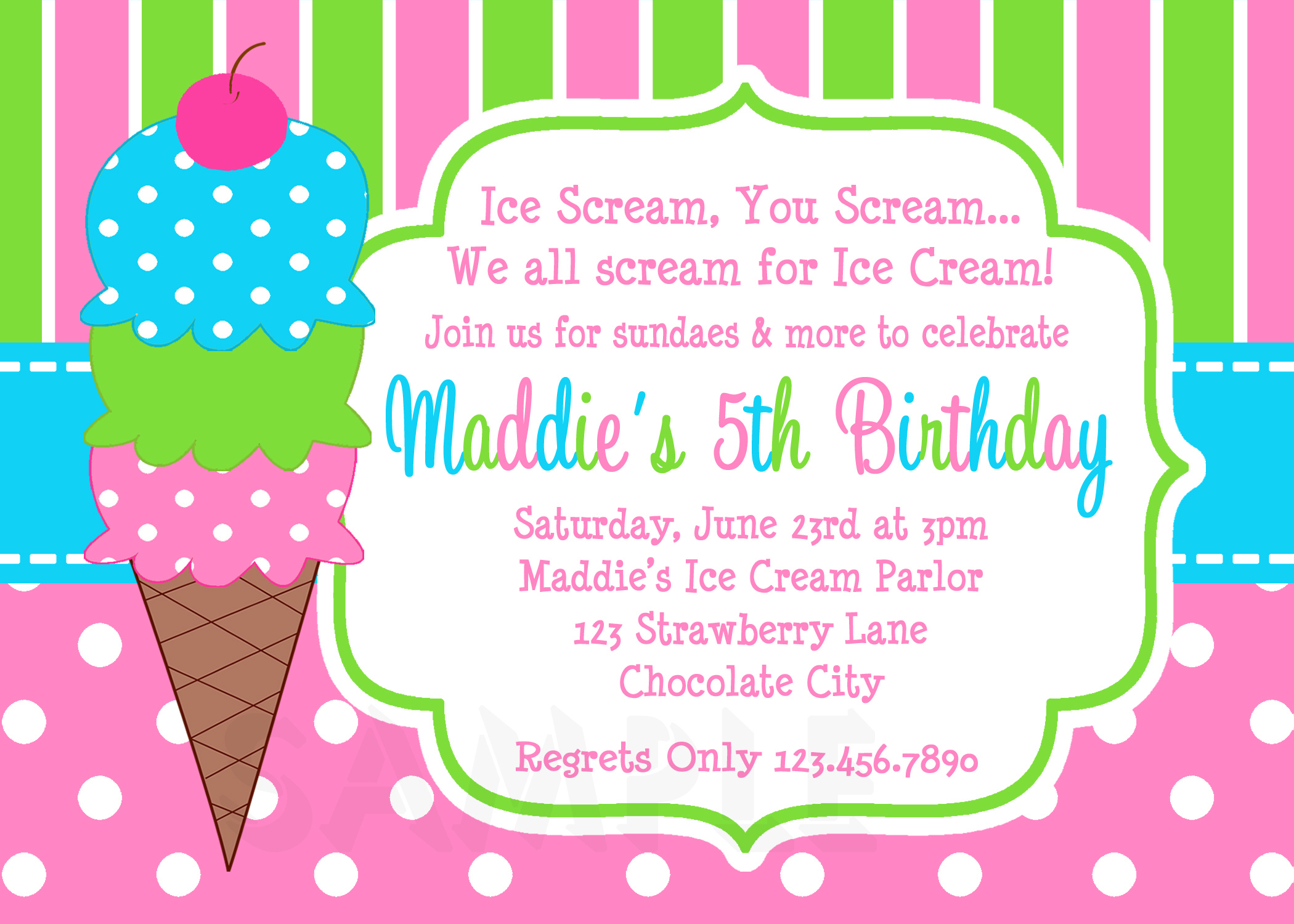 Printable Birthday Invitations Girls Ice Cream Party 