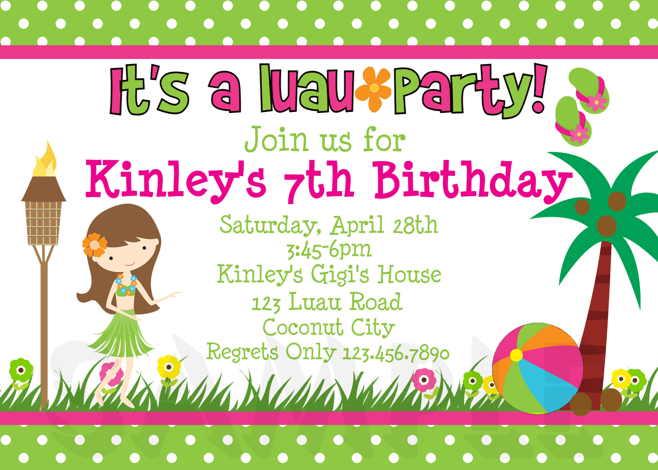 Printable Birthday Invitations Luau Party Little Girl